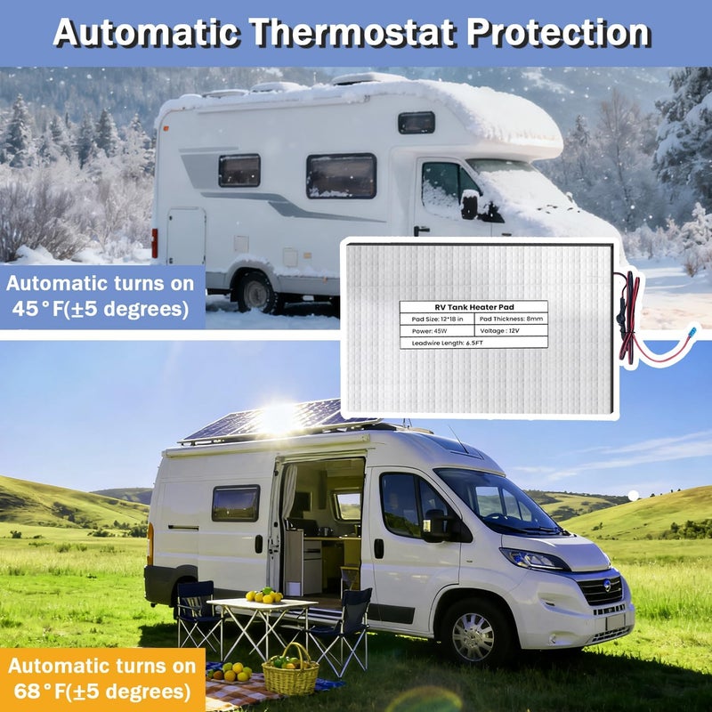 Tsolzdadi 3 Pack RV Water Tank Heating Pad 12V/13.5V, 12"x18" RV Tank Heater Pad with Automatic Thermostat for Camper/Trailer/Motorhome/Marine, Fits Up to 50 Gallons Fresh Water - Image 4